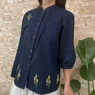 jnhearts JNH 刺繍ロゴブラウス　ネイビー　フリーサイズ 手刺繍スタンドカラー七分袖ブラウス